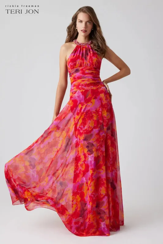 Teri Jon Floral Chiffon Beaded Halter Maxi Dress 256019 sold by Terry costa