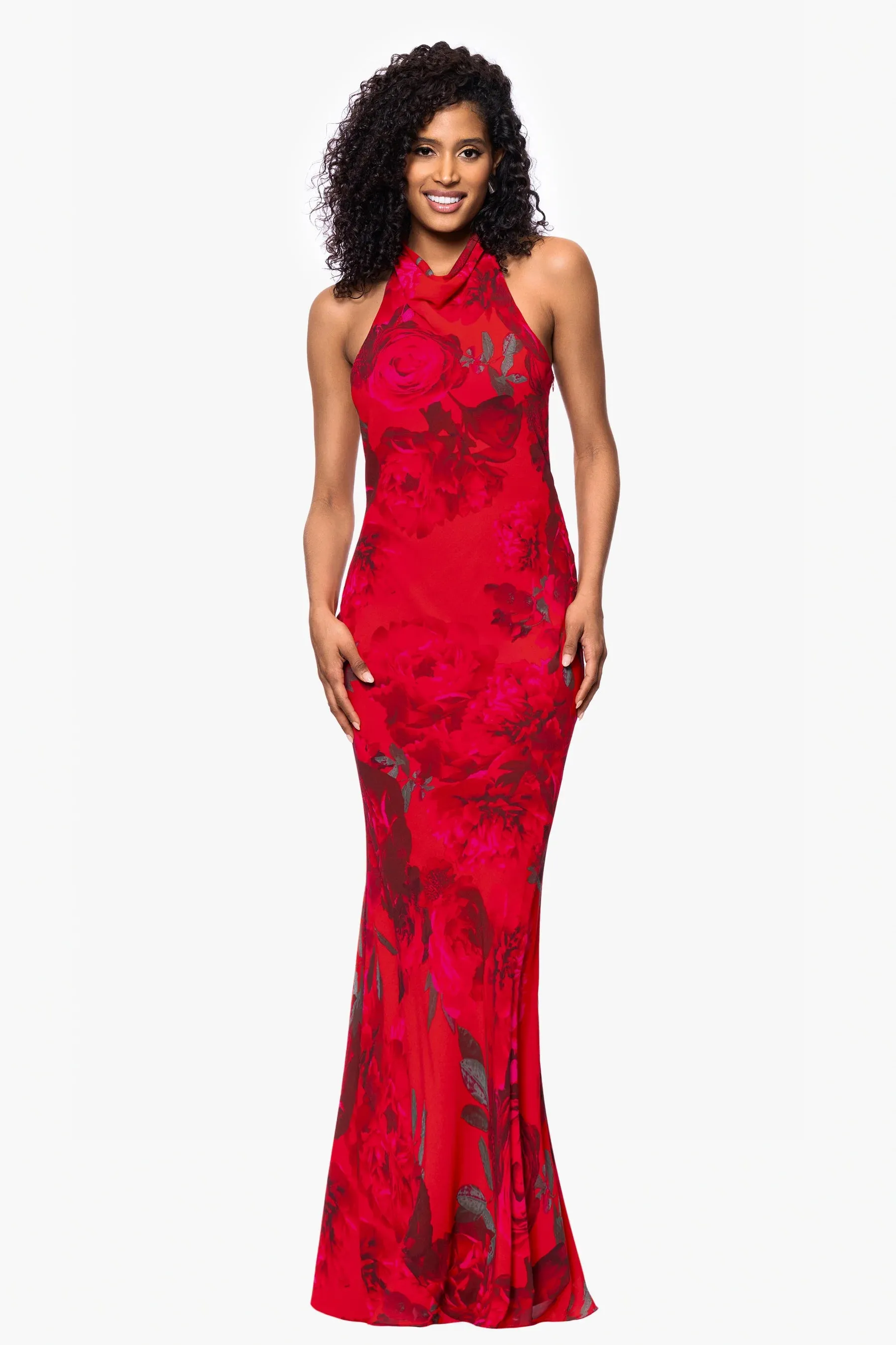 Betsy and Adam "Carly" Floral Chiffon Halter Tie Neck Dress A26926 sold by Terry costa