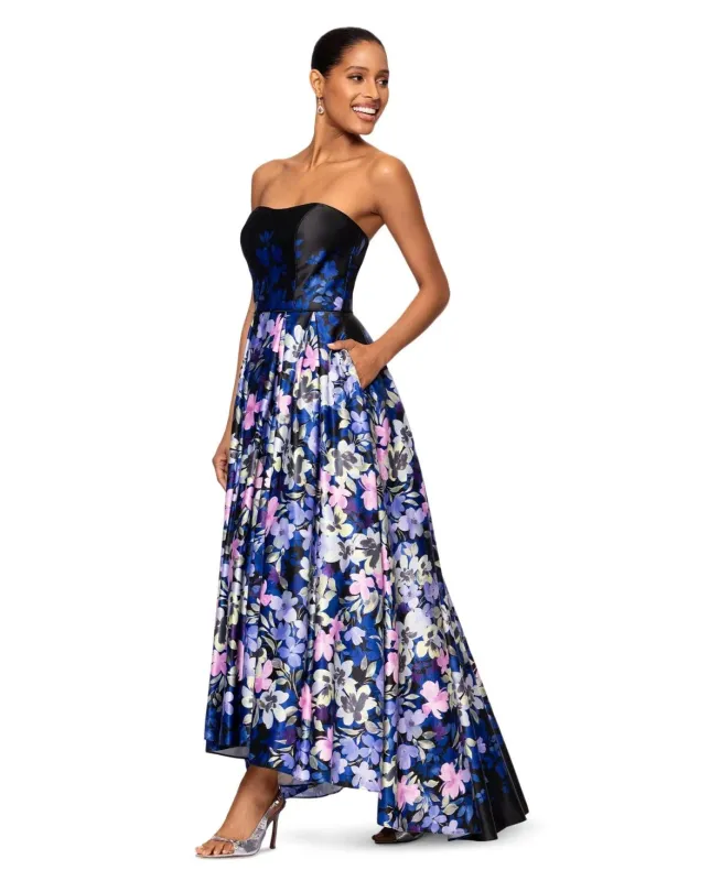 Betsy and Adam Strapless Floral A-line Dress A27019 sold by Terry costa