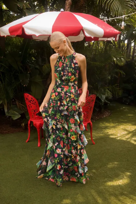 Betsy and Adam "Camille" Floral Print Chiffon Ruffle Dress A27102 sold by Terry costa