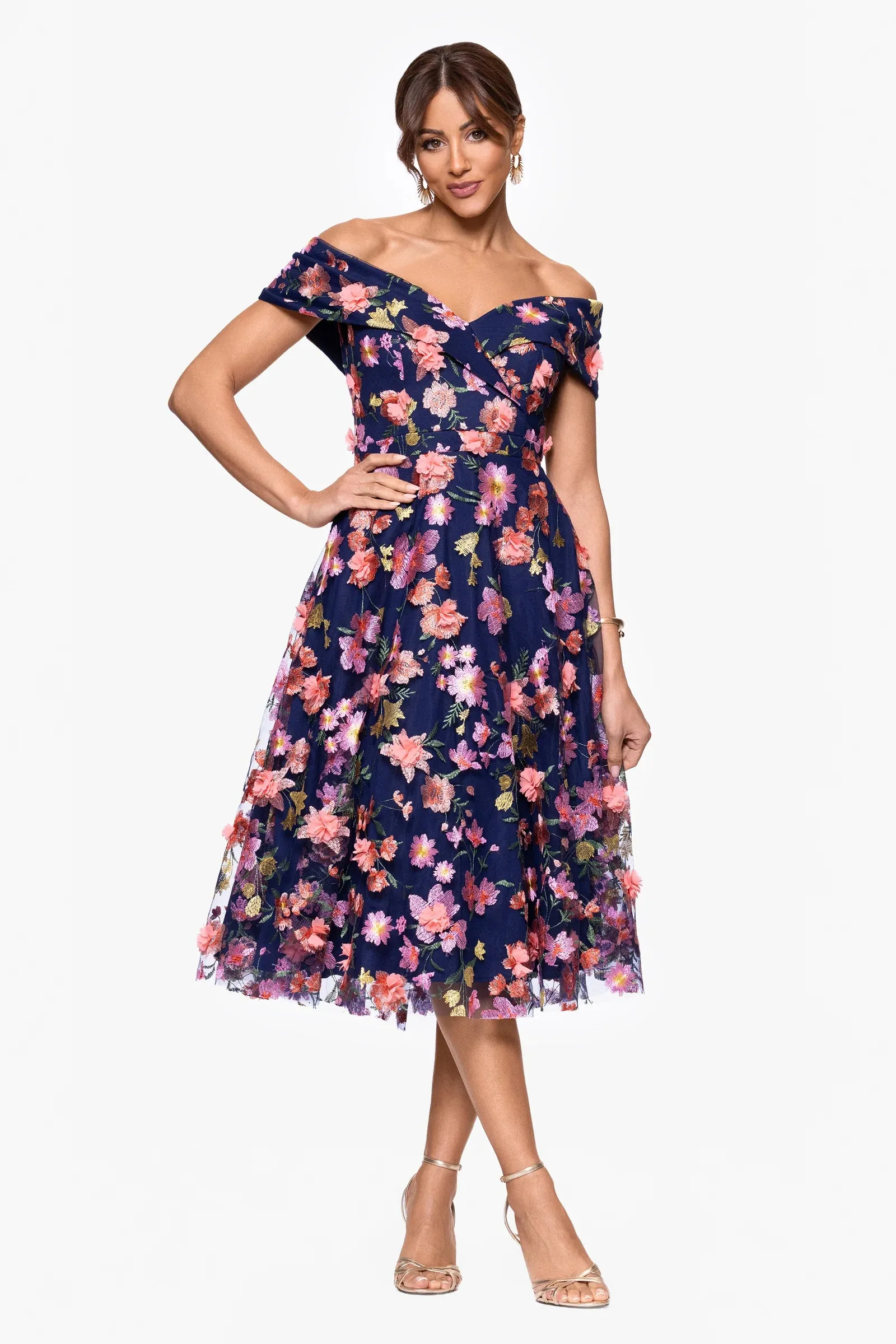 Xscape Evenings "Daniela" 3D Floral Embellished Off the Shoulder Midi Dress 6815X sold by Terry costa product image thumbnail 4