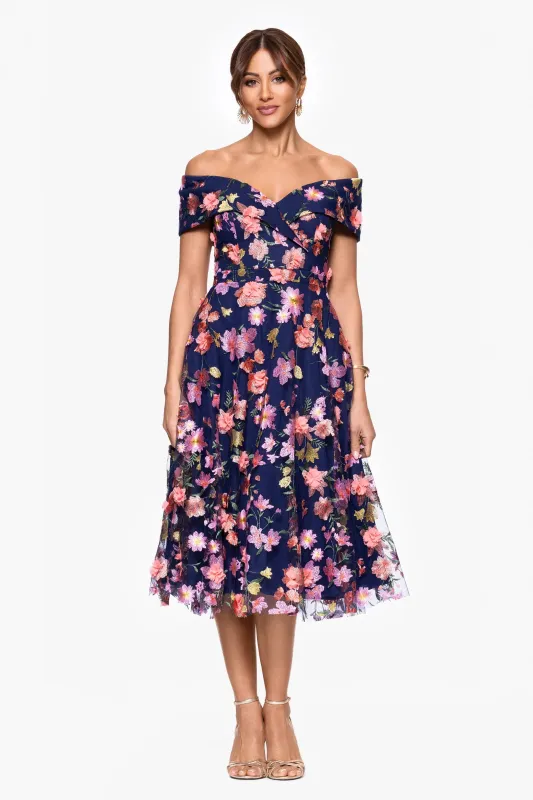 Xscape Evenings "Daniela" 3D Floral Embellished Off the Shoulder Midi Dress 6815X sold by Terry costa