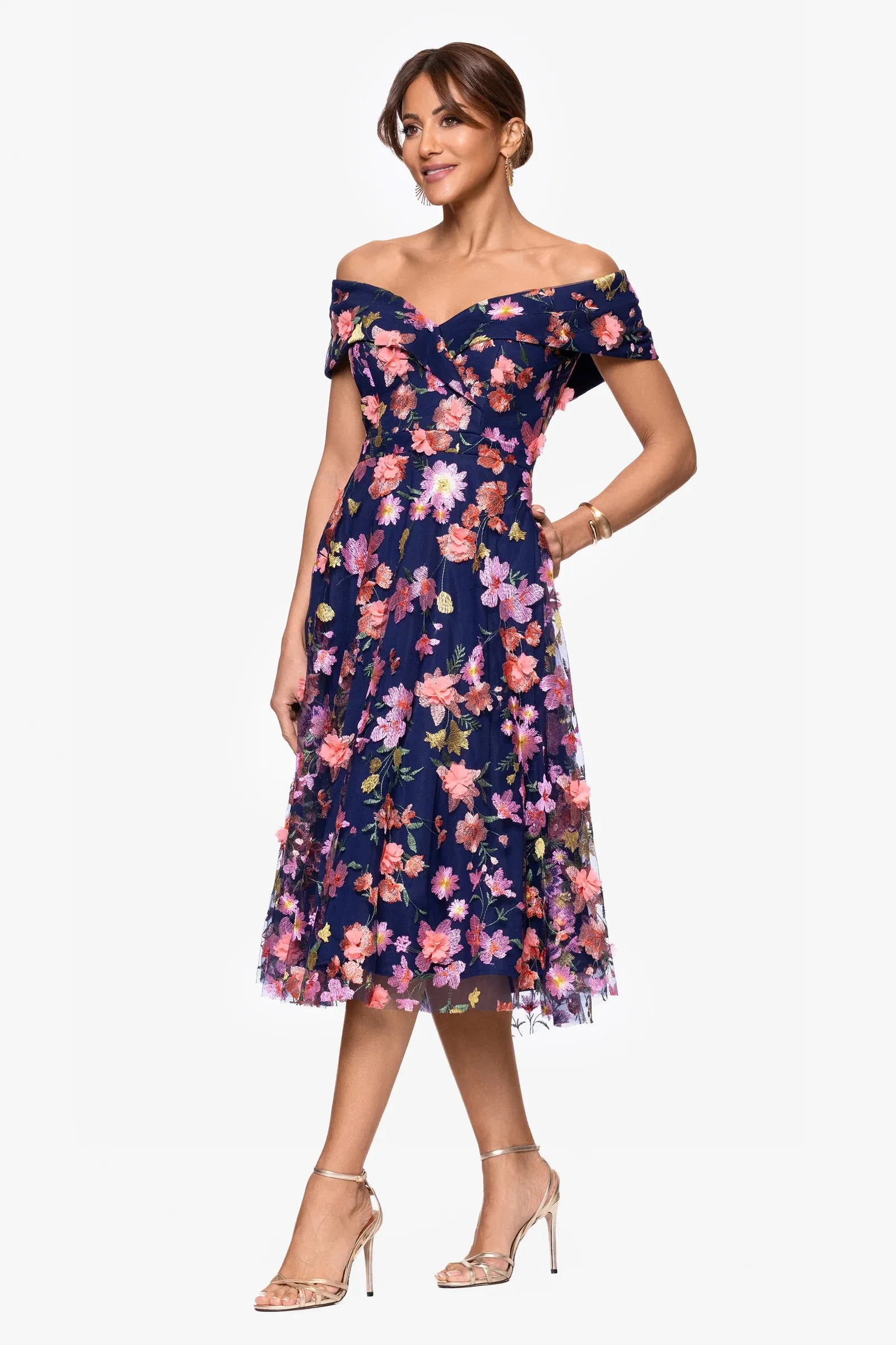 Xscape Evenings "Daniela" 3D Floral Embellished Off the Shoulder Midi Dress 6815X sold by Terry costa product image thumbnail 5
