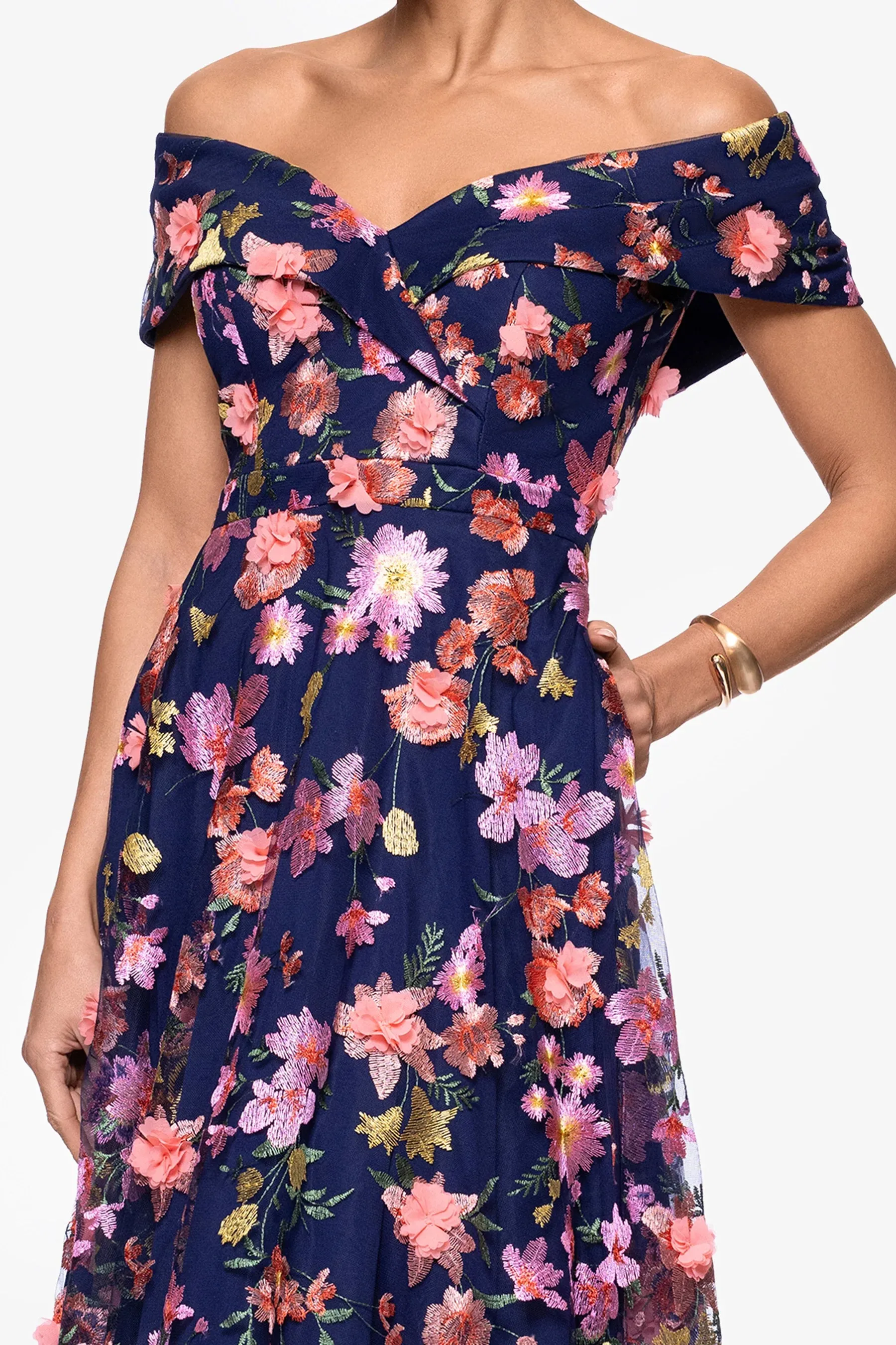 Xscape Evenings "Daniela" 3D Floral Embellished Off the Shoulder Midi Dress 6815X sold by Terry costa product image thumbnail 2