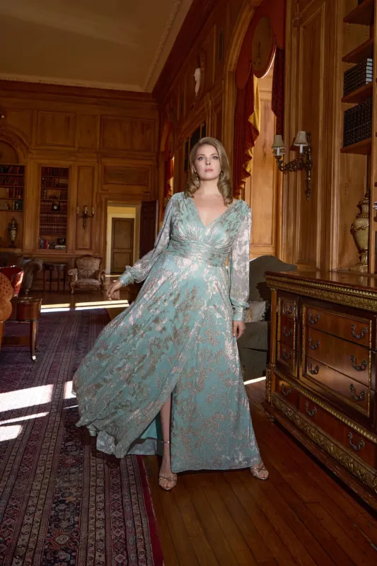 Betsy and Adam "Melanie" Foil Knit V-Neck Long Sleeve Dress A27153 made by Terry costa