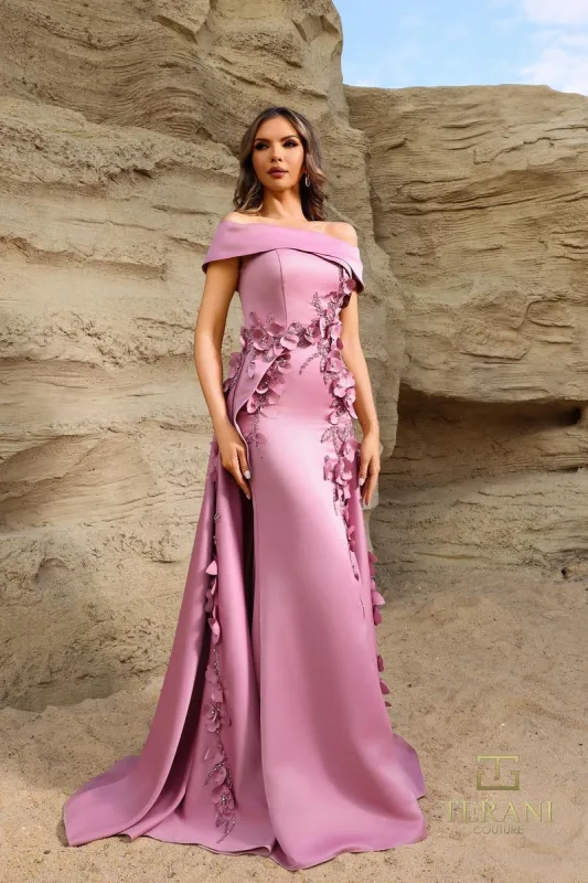 Terani Couture Off Shoulder Crepe Evening Dress 252M5317 sold by Terry costa