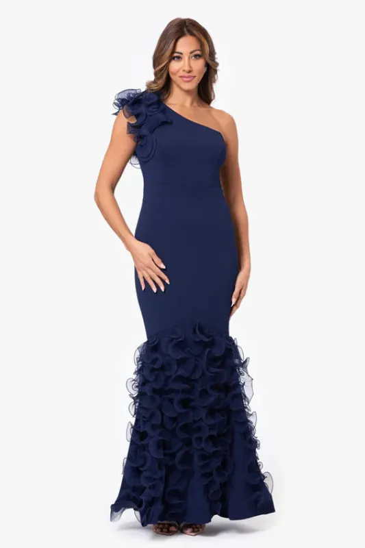 Xscape Evenings "Vivienne" Scuba Ruffle Dress 6178X sold by Terry costa
