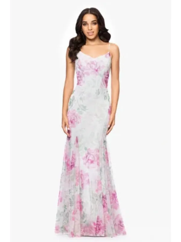 Betsy & Adam "Eve" Printed Floral Sequin Dress A27020 sold by Terry costa