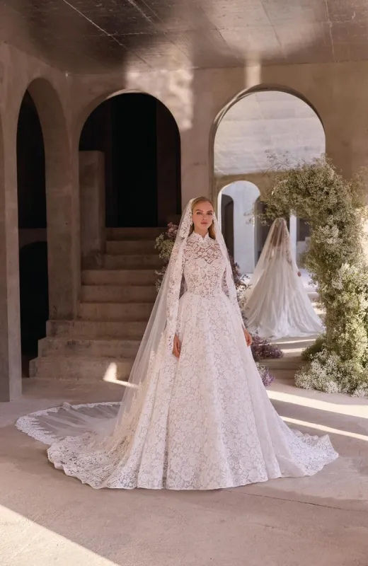 Morilee "Delia" High Neck Long-Sleeve Lace Ballgown sold by Terry costa