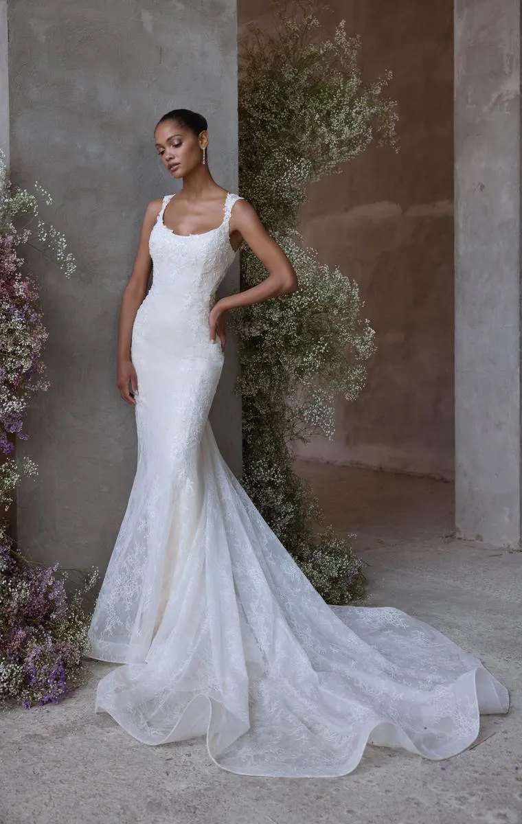 Morilee "Evangeline" Soft Mermaid Lace Bridal Gown with Straps sold by Terry costa