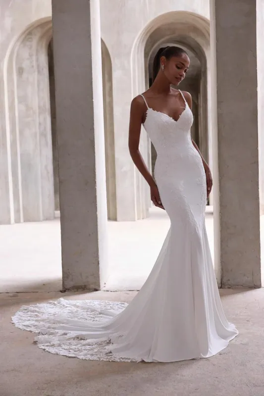 Morilee "Amaris" Crepe & Lace Sheath Bridal Gown with Straps sold by Terry costa