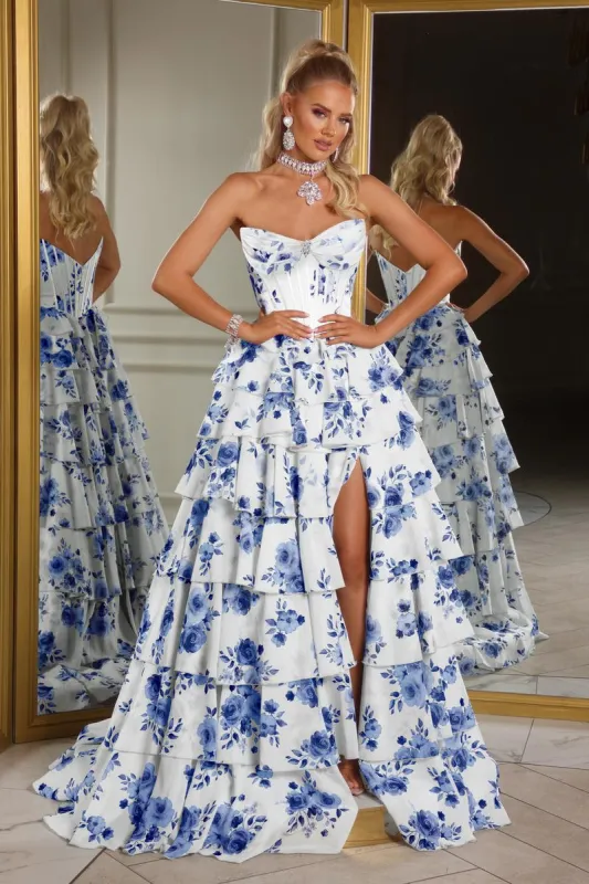 Portia & Scarlett Blue & White Floral Prom  Dress PS25966 sold by Terry costa