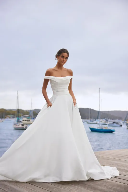 Sophia Tolli "Cecelia" Off Shoulder Satin Ballgown sold by Terry costa