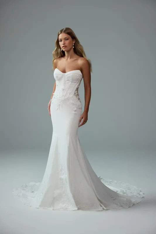 Sophia Tolli "Roxy" Crepe Sheath Bridal Gown with Lace Bodice sold by Terry costa