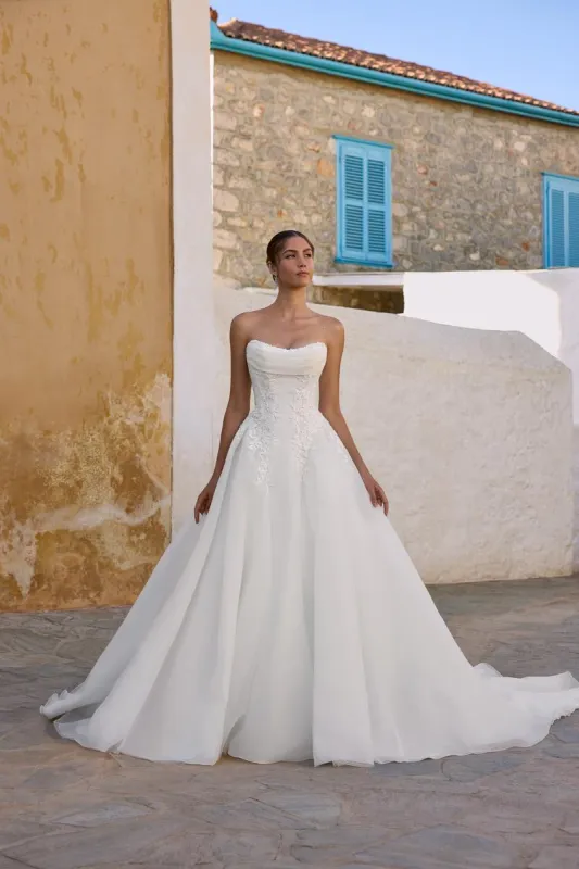 Sophia Tolli "Joy" Strapless Drop Waist Organza Bridal Gown sold by Terry costa