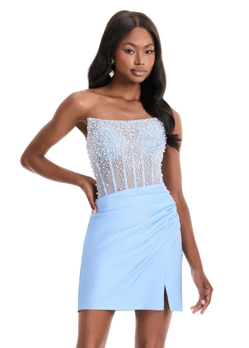 ASHLEYlauren Strapless Mesh Corset Pearl HoCo Dress 4923 sold by Terry costa