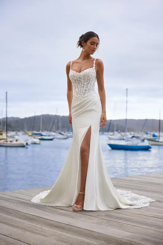 Sophia Tolli "Tyra" Sheath Lace Corset Bridal Gown sold by Terry costa
