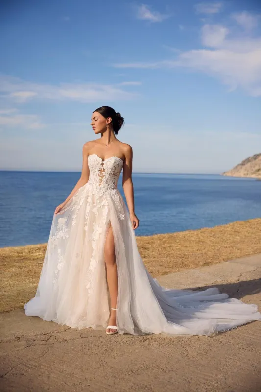 Sophia Tolli "Betty" A-line Lace Bridal Gown with Slit sold by Terry costa