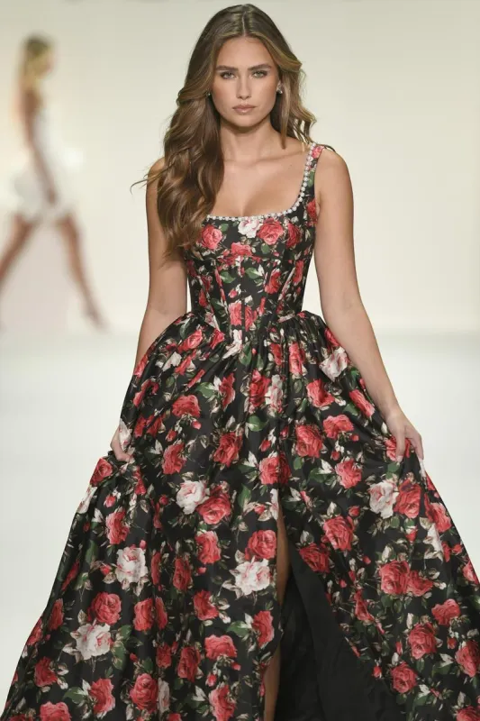 Sherri Hill Basque Waist Floral Print Prom Dress 57725 sold by Terry costa