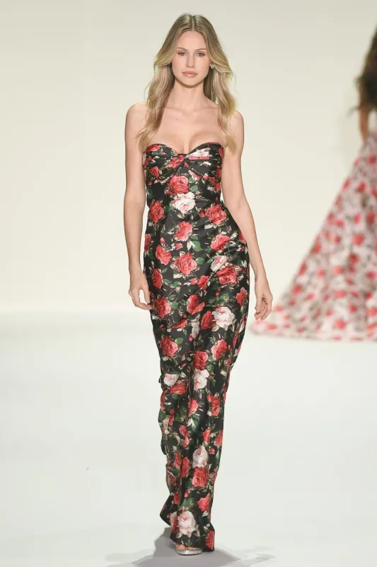 Sherri Hill Strapless Rose Print Satin Prom Dress 57962 sold by Terry costa