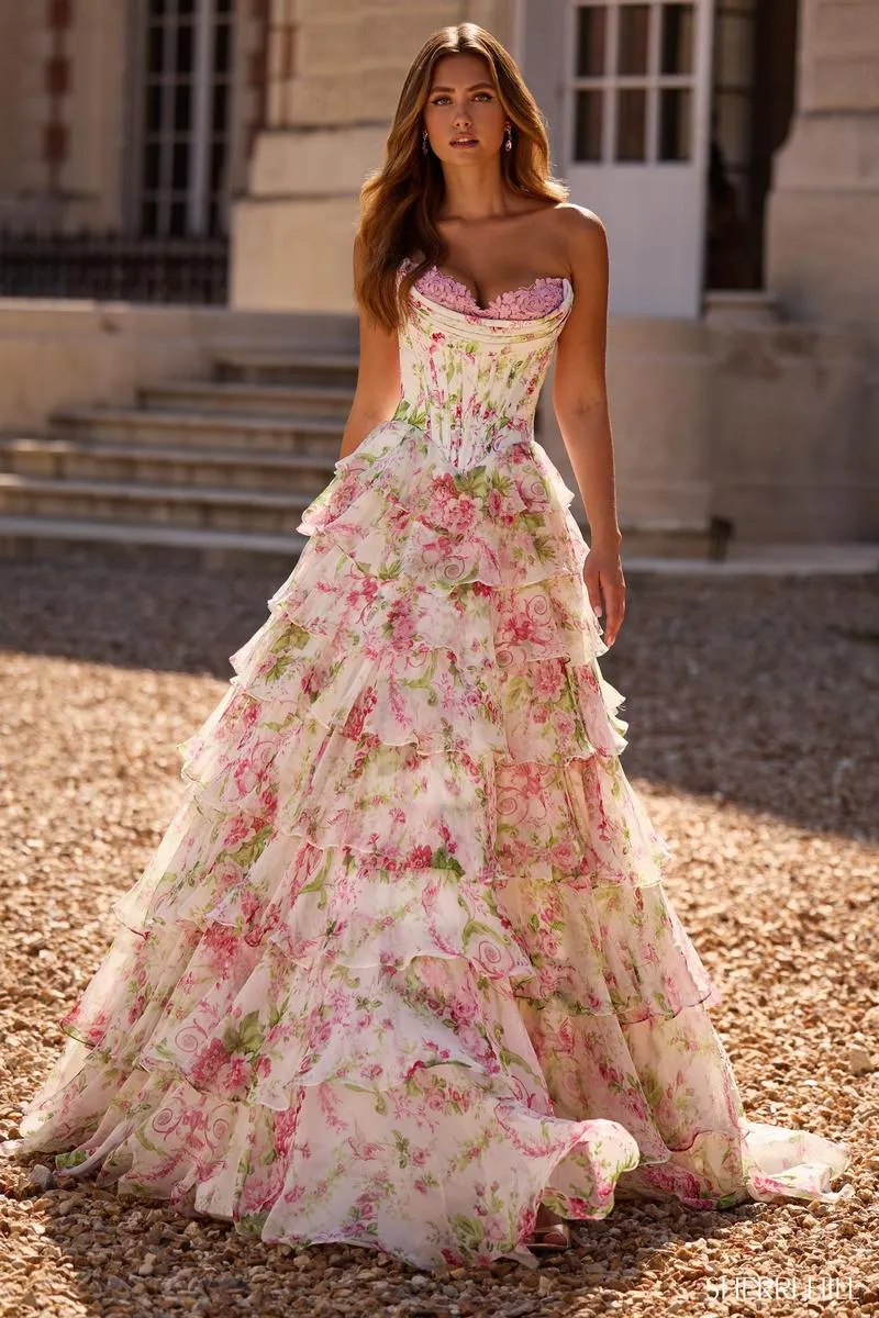 Sherri Hill Floral Print Ruffle Prom Dress 57693 sold by Terry costa product image thumbnail 3