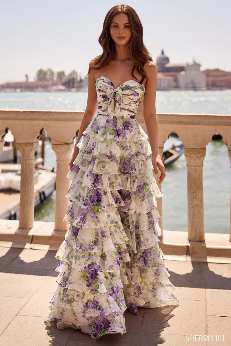 Sherri Hill Floral Print Strapless Ruffle Prom Dress 57613 sold by Terry costa