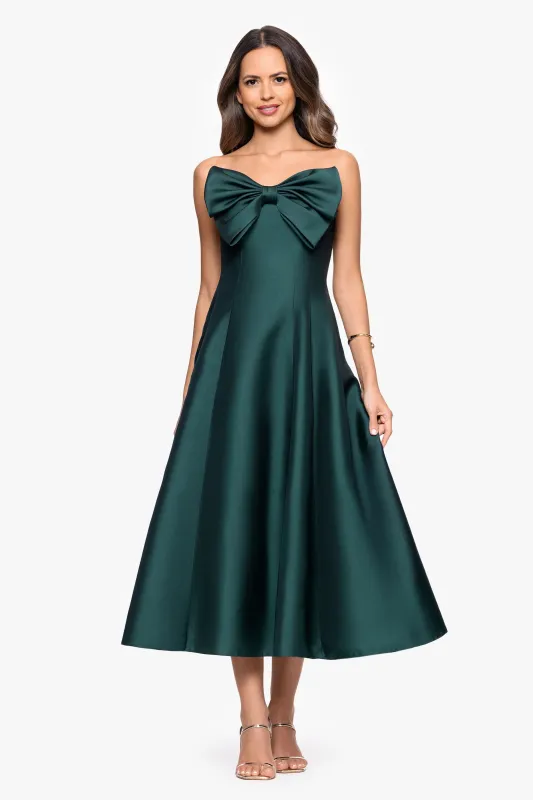 Betsy and Adam "Coulette" Satin Bow Strapless Midi Dress A27511 sold by Terry costa