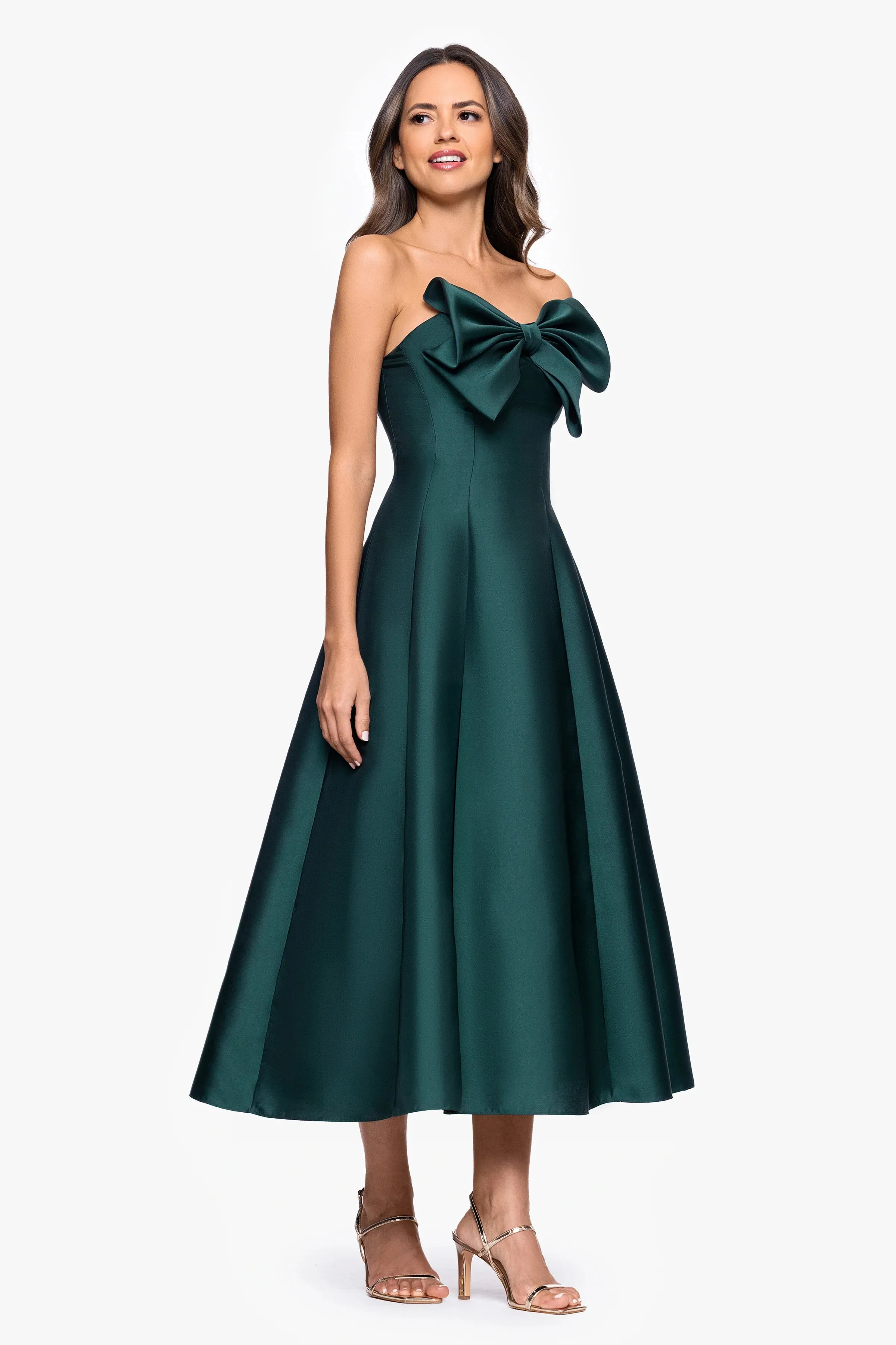 Betsy and Adam "Coulette" Satin Bow Strapless Midi Dress A27511 sold by Terry costa product image thumbnail 4