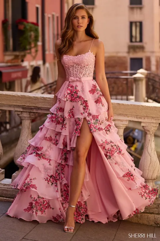 Sherri Hill Pink Print Lace Corset Prom Dress 57568 sold by Terry costa