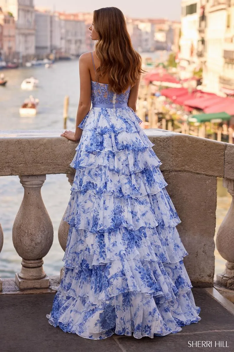 Sherri Hill Blue Floral Illusion Lace Prom Dress 57540 sold by Terry costa product image thumbnail 2
