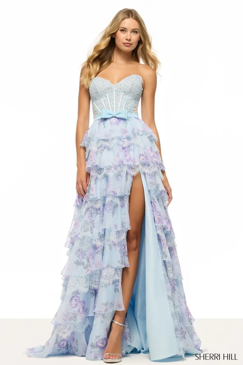 Sherri Hill Floral Ruffle Lace Prom Dress 57908 sold by Terry costa product image thumbnail 3