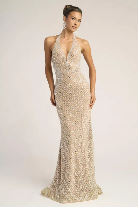 Portia and Scarlett Halter Beaded Prom Dress PS26452C made by Terry costa