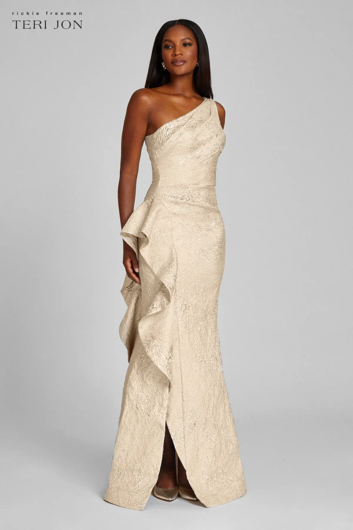 Teri Jon One Shoulder Jacquard Evening Gown 217028 sold by Terry costa product image thumbnail 5