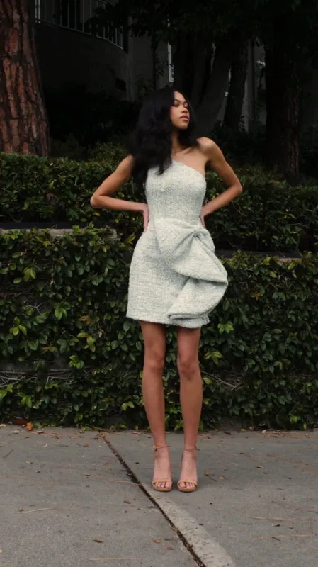 ASHLEYlauren One Shoulder Side Ruffle Tweed Short Dress 4976 sold by Terry costa