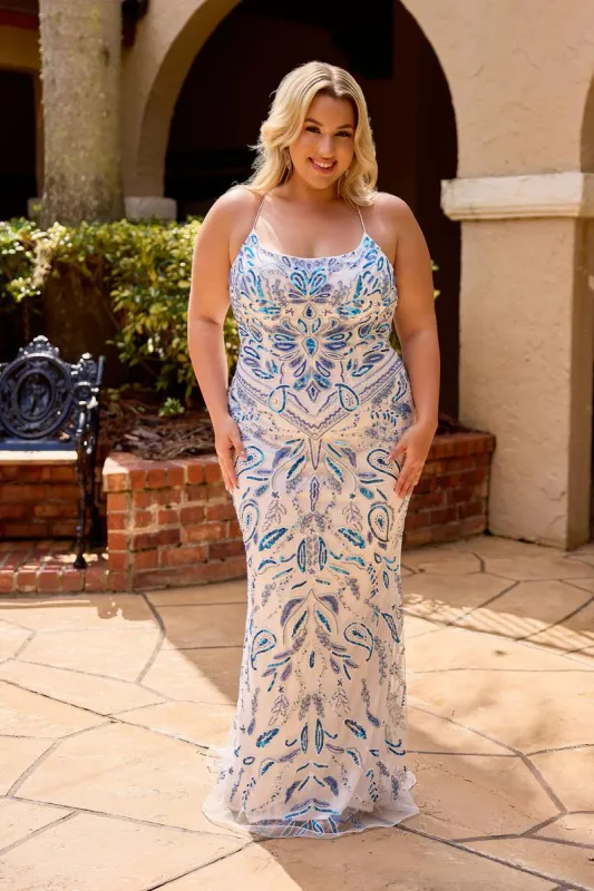 Curvy by Primavera Beaded Pattern Lace Up Prom Dress 14102 made by Primavera Couture