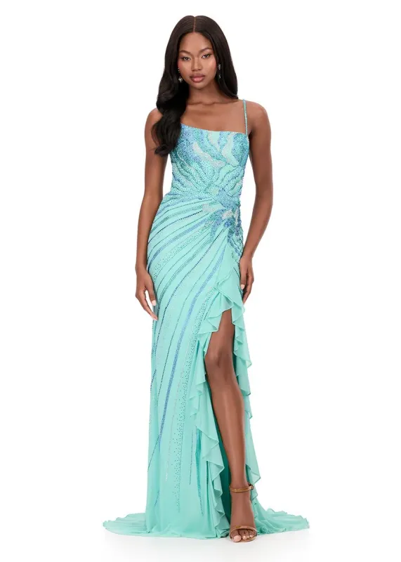 ASHLEYlauren Hot Stone Ruffle Slit Prom Dress 12166 made by ASHLEYlauren
