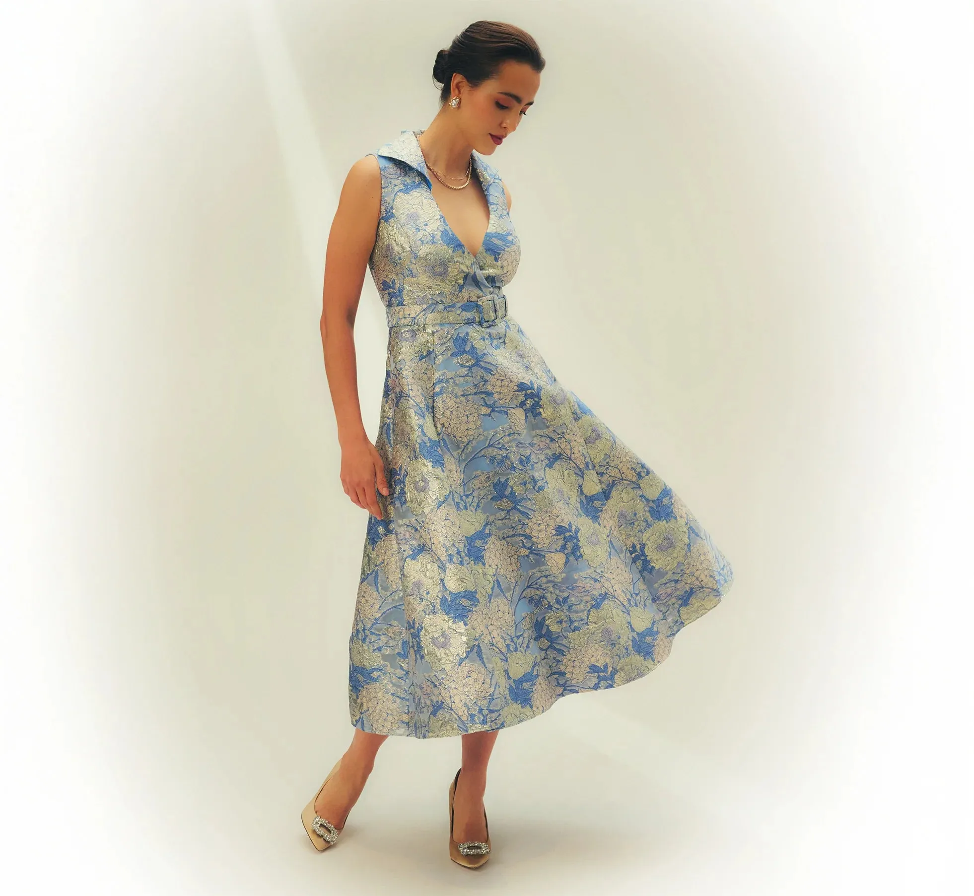 Aidan Mattox Floral Jacquard Collared Midi Dress MD1E209963 sold by Terry costa product image thumbnail 4