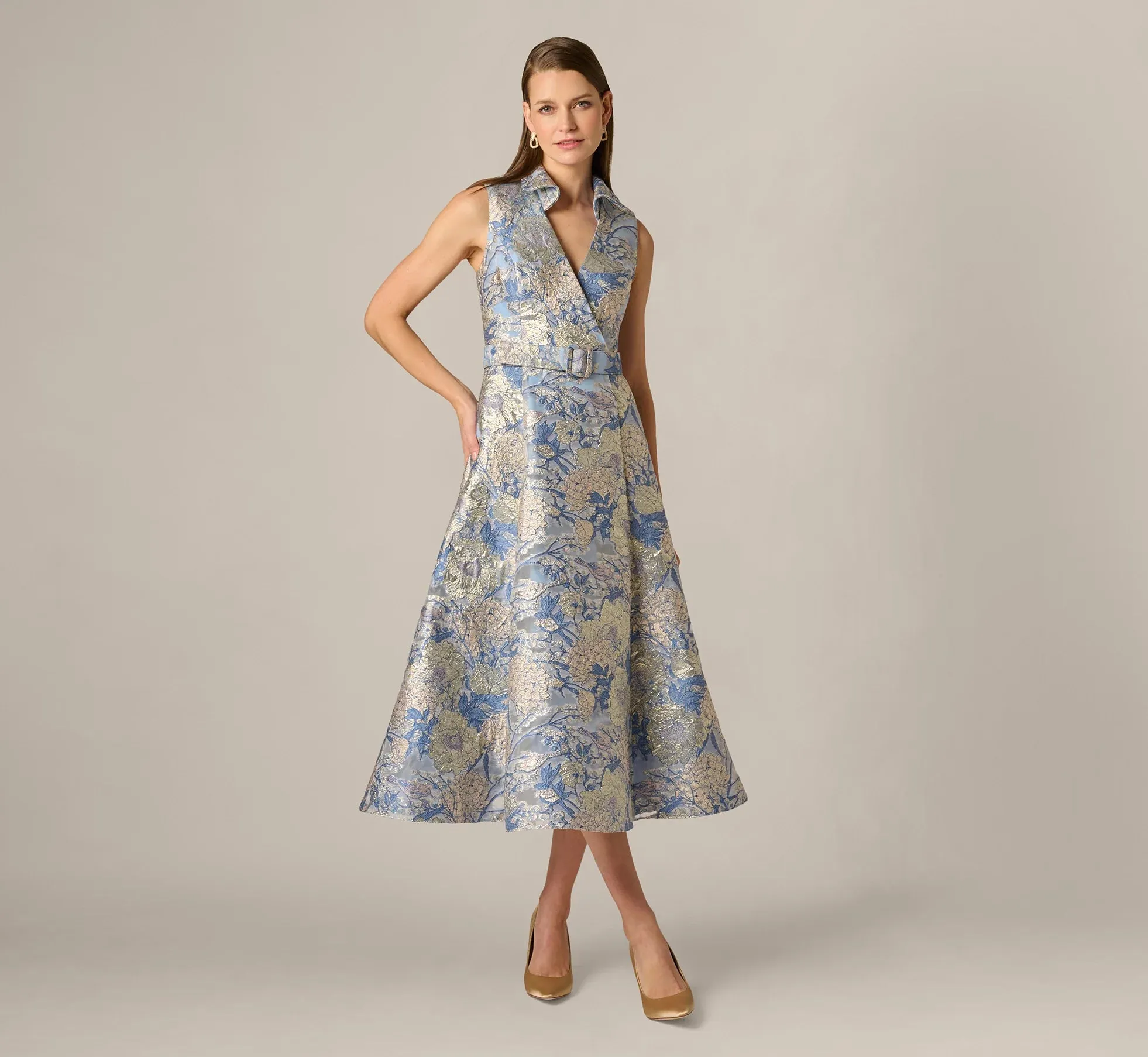 Aidan Mattox Floral Jacquard Collared Midi Dress MD1E209963 sold by Terry costa