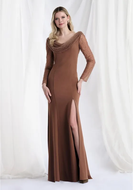 MLNY Cowl Neck Long Sleeve Evening Dress 73156 made by Terry costa
