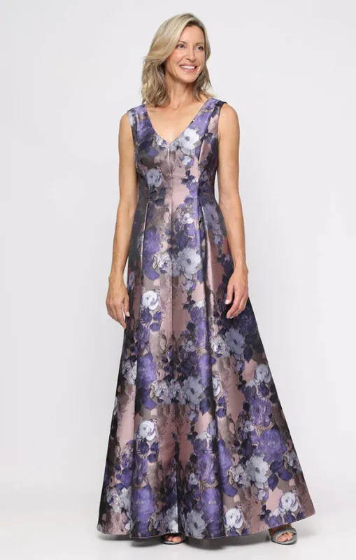 Alex Evening Floral Print V-Neck Long Dress 8181220 made by Alex Evenings