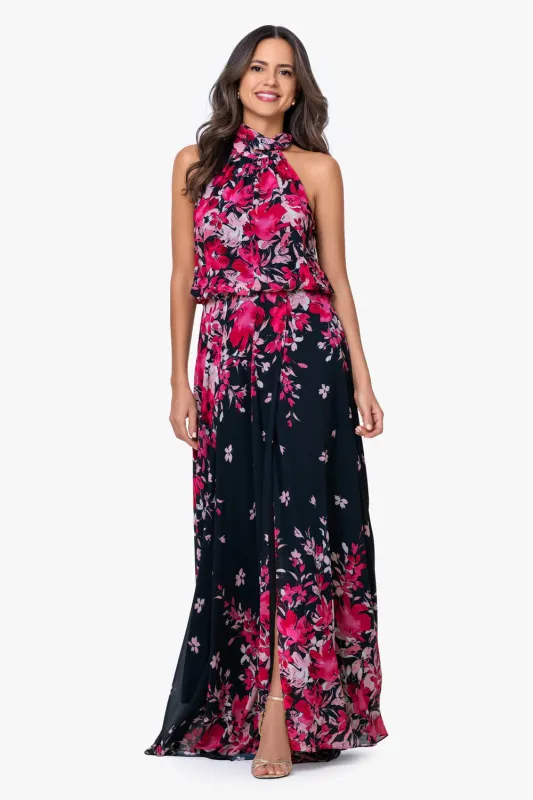 Betsy & Adam Chiffon Floral Print Long Evening Dress A28009 made by Terry costa