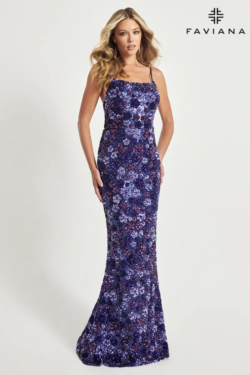 Faviana Long Floral Sequin Prom Dress 11037 sold by Terry costa product image thumbnail 2