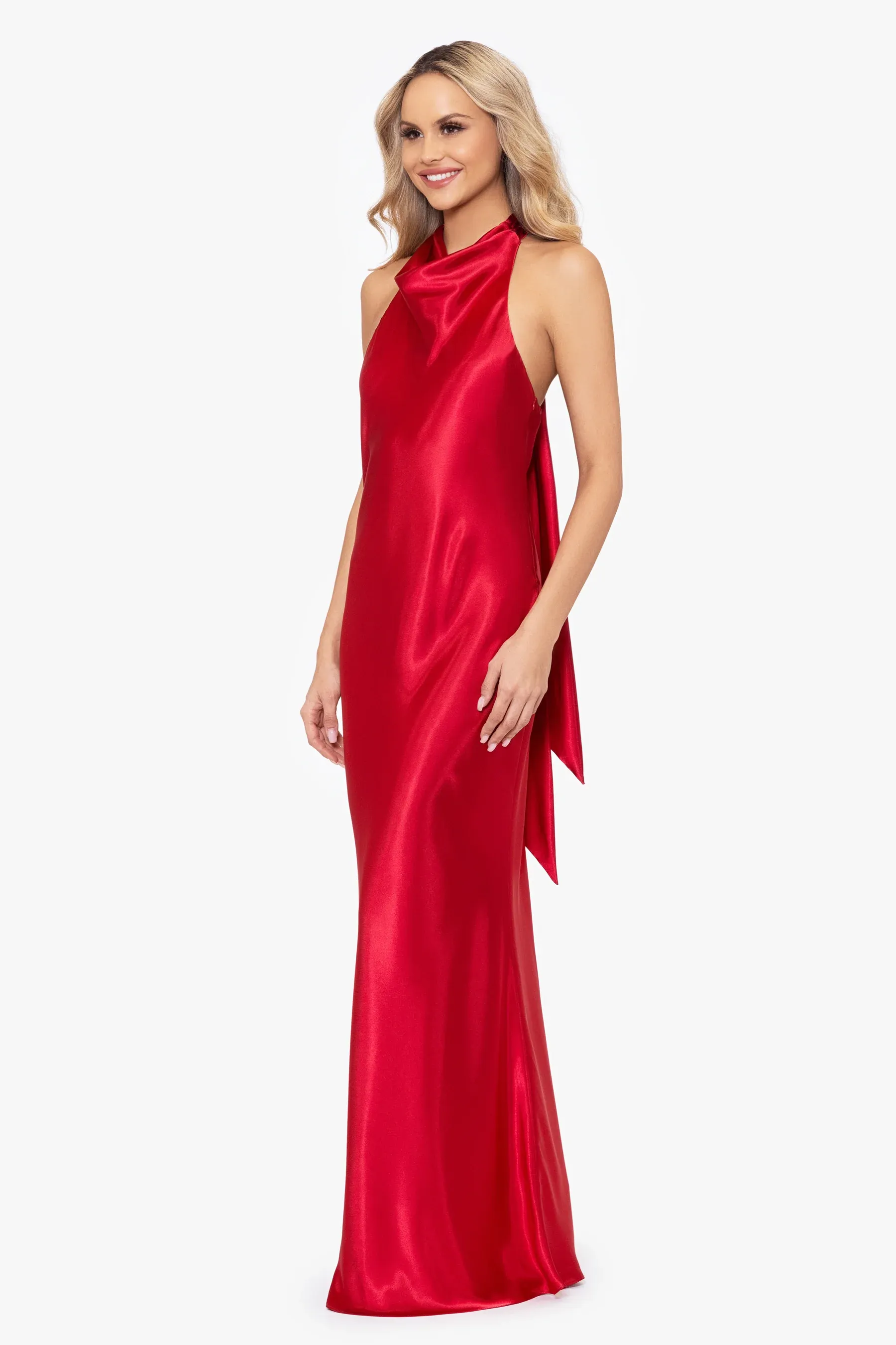 Betsy and Adam "Shannon" Halter Necktie Satin Maxi Dress A26454 sold by Terry costa product image thumbnail 3