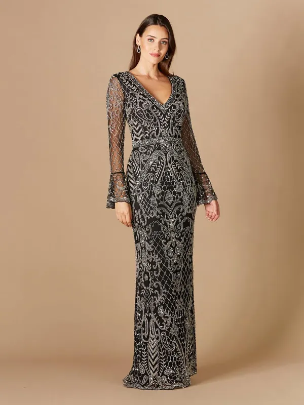Lara Long Bell Sleeve V-Neck Beaded Evening Gown 29358 sold by Terry costa