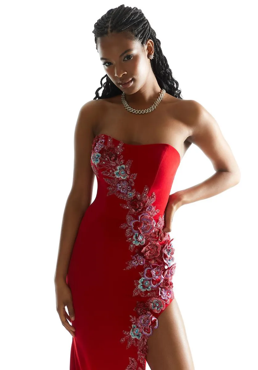 Morilee Strapless 3D Floral High Slit Prom Dress 49009 sold by Terry costa product image thumbnail 3