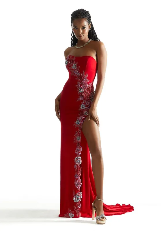 Morilee Strapless 3D Floral High Slit Prom Dress 49009 made by Mori Lee