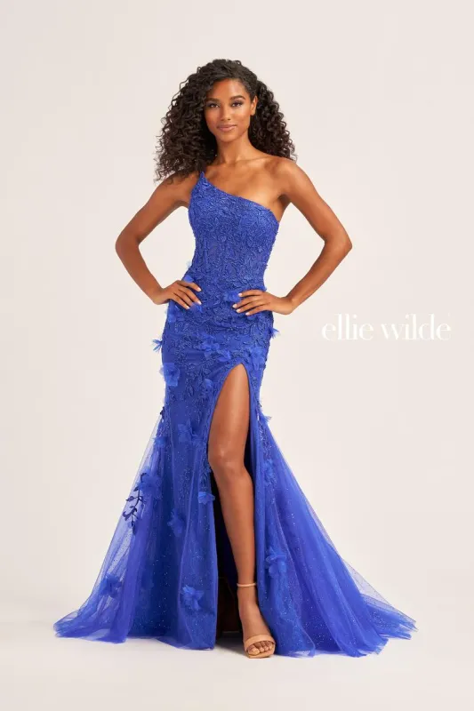 Ellie Wilde One Shoulder Lace Prom Dress EW35049 made by Mon Cheri