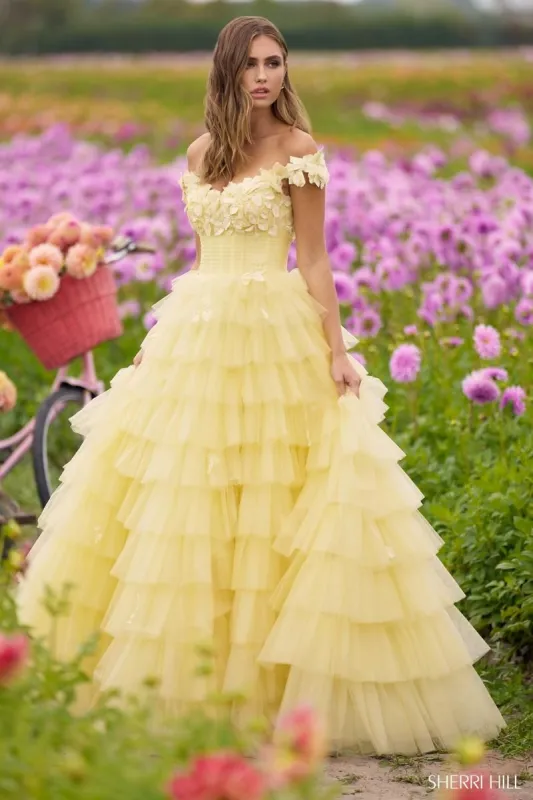 Sherri Hill Off Shoulder Tulle Ruffle Prom Dress 56199 sold by Terry costa