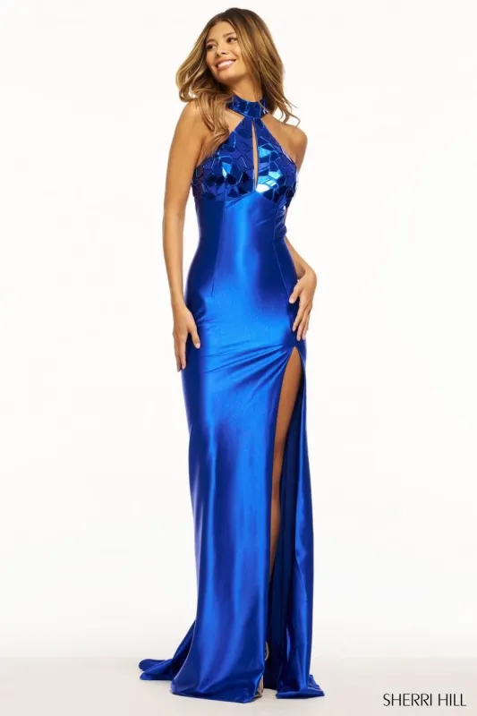 Sherri Hill Halter Cut Glass Fitted Satin Prom Dress 56093 sold by Terry costa