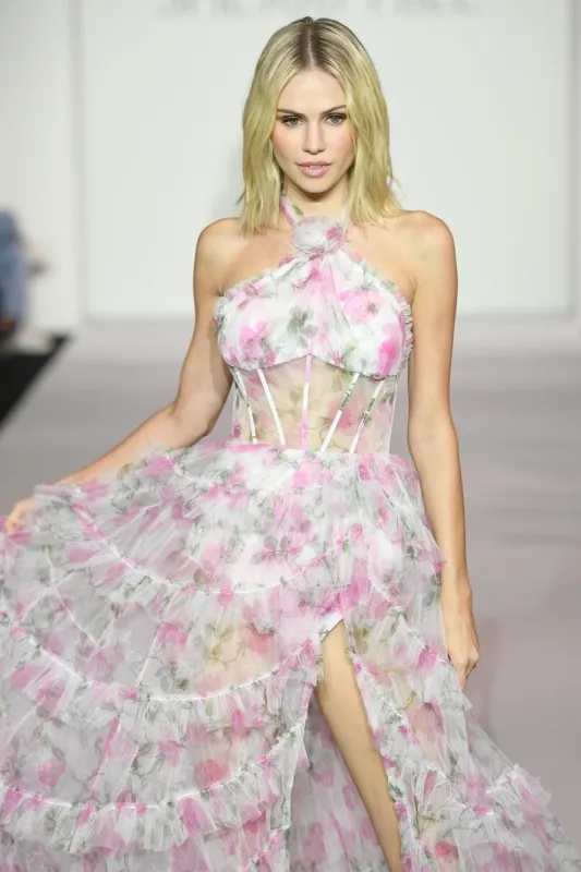 Pink Floral Halter Prom Dress with Rosette Sherri Hill 56377 sold by Terry costa